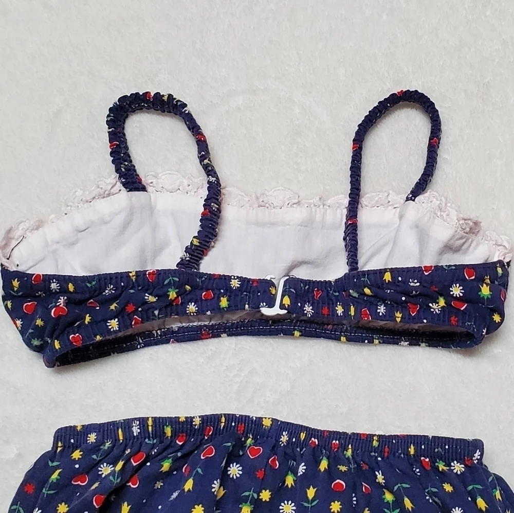 Vintage 60s Teen Girl Ultra Mod High High Bottom Ruffle Heart Floral Bikini XS